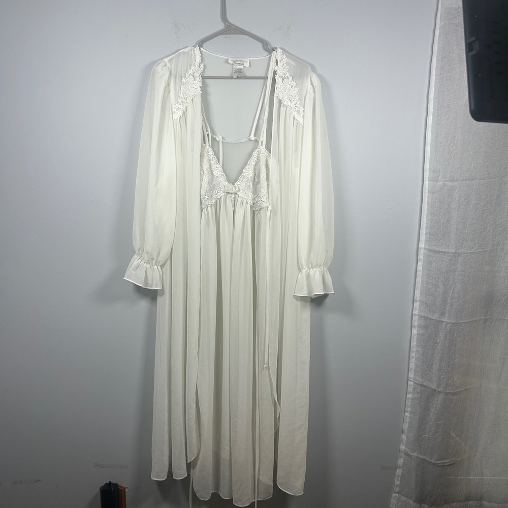 Dentelle Nightgown Robe Womens M Ivory Bridal Peignoir Chiffon Vintage Style Set